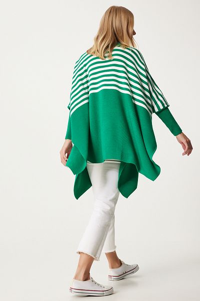 Happiness İstanbul Green StripedOversizePoncho Sweater - Side Slit Dd01336