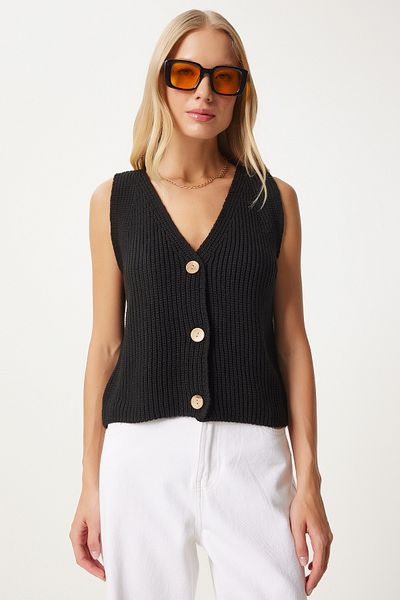 Happiness İstanbul Schwarze Strickweste für Damen mit V-Ausschnitt - Yy00221