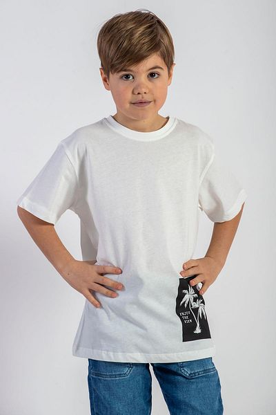 zepkids Crew Neck Short Sleeve Palm Printed Ecru Color Boys' T-shirt