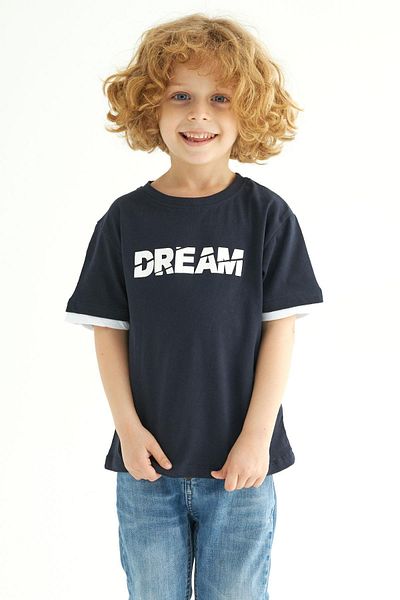 zepkids Crew Neck Short Sleeve Dreams Printed Short Sleeve Navy Blue Color Boys' T-shirt