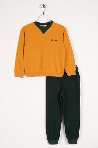 zepkids Crew Neck Long Sleeve Collar Color Detailed Waist Elastic Mustard Color Boy's Two-Piece Set