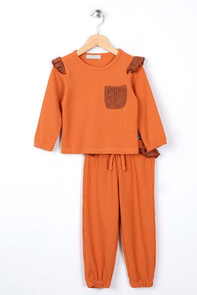 zepkids Crew Neck Long Sleeve Pocket Brick Color Girl's Tracksuit Set