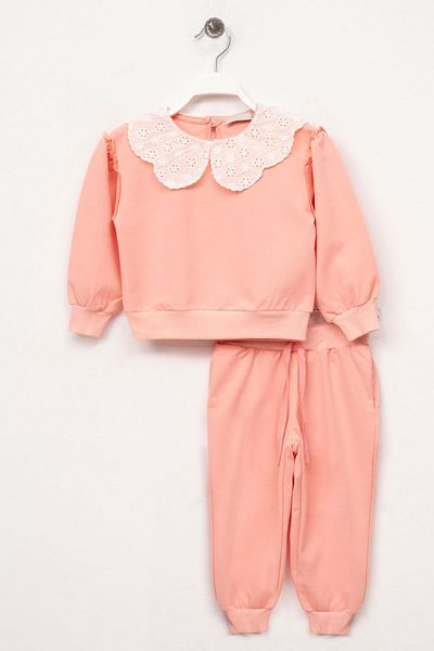 zepkids Baby Collar Long Sleeve Baby Collar Ruched Shoulder Frilly Salmon Color Girl's Tracksuit Set