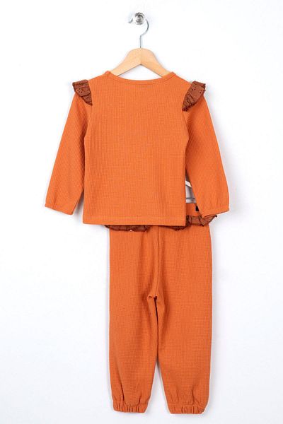zepkids Crew Neck Long Sleeve Pocket Brick Color Girl's Tracksuit Set