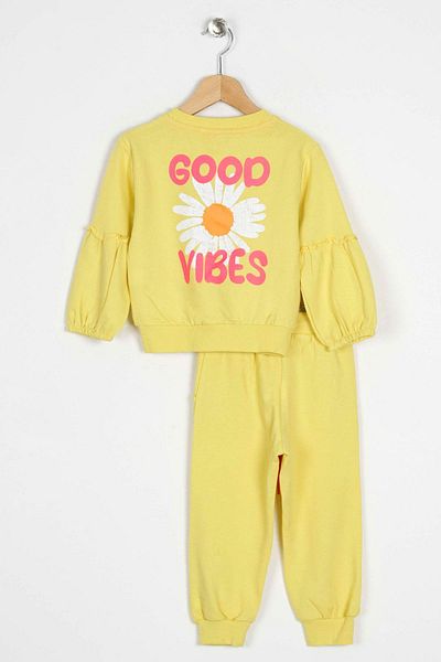 zepkids Crew Neck Long Sleeve Cıcek Patterned Yellow Color Girl's Tracksuit Set
