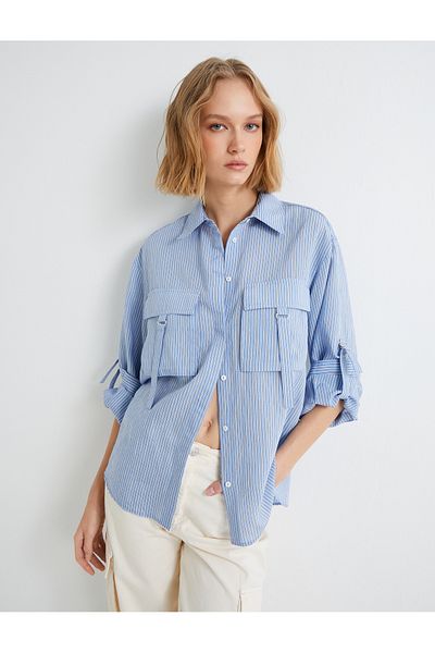 Koton Oversize Cargo Shirt Viscose Buttoned Folded Sleeves