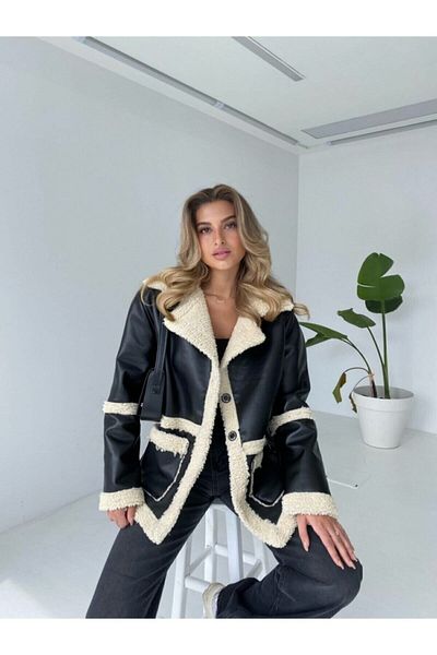 munora butik Bílá kožešina uvnitř kožený kabát s velkou kapsou