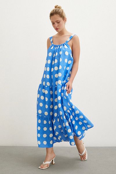 Never more Blue Strappy Polka Dot Dress