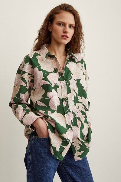 Never more Rose Patterned Poplin Shirt Green