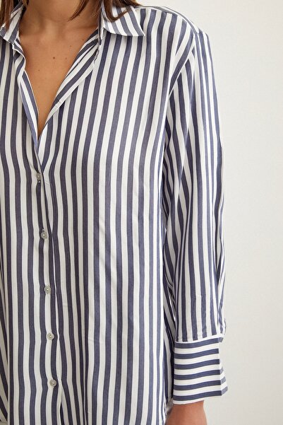 Never more Багатосмугова сорочка темно-синя