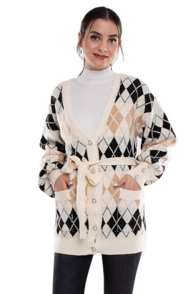 Robin T93723 Cepli Baklava Desen Inci Düğmeli Triko Hırka