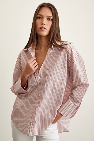 Never more Oversize ριγέ πουκάμισο ροζ