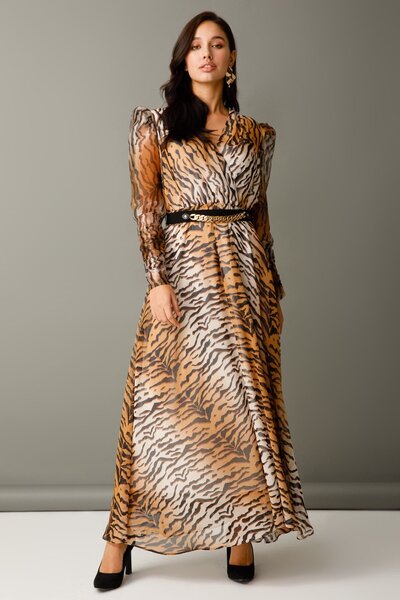 Moda İlgi Modailgi Kolları Organize Uzun Elbise Leopar