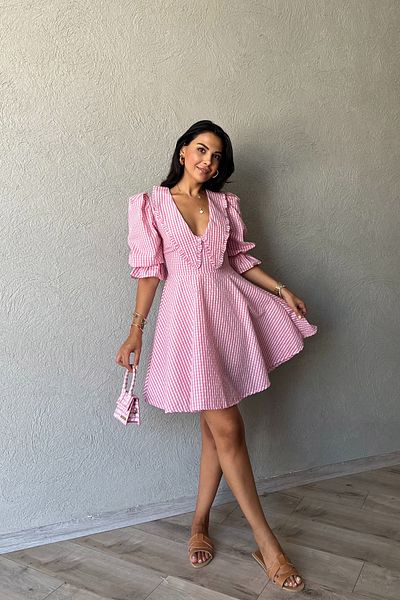 Seda Yalçın Atelier PinK Short Dress - Gingham Collar Detail