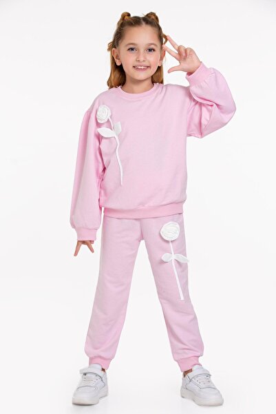 zepkids Σετ αθλητικής φόρμας για κορίτσια σε πούδρα με ροζ λεπτομέρεια - ελαστικό πόδι