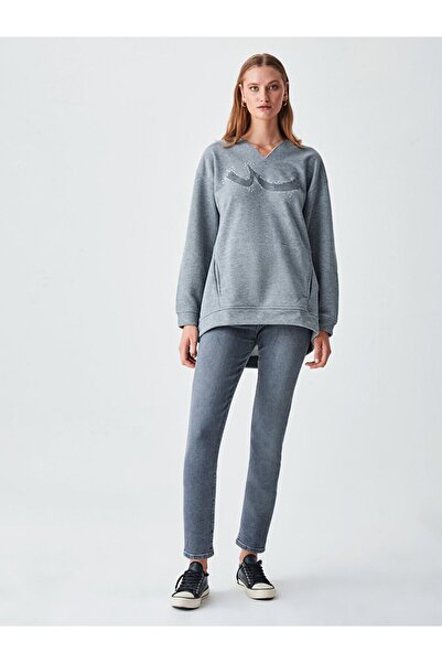 Ltb سويت شيرت رمادي بياقة على شكل حرف V مع جيوب