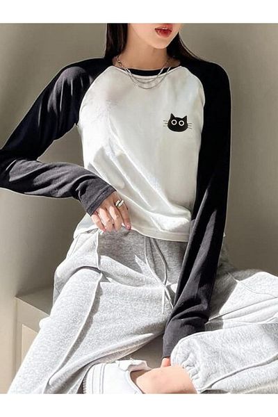 Touz Moda Λευκό Raglan μακρυμάνικο μπλουζάκι γάτας