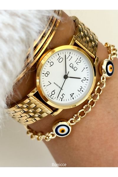 Q&Q Gold Color Steel Cord Waterproof Women's Wristwatch Bracelet - Small Case Numeral