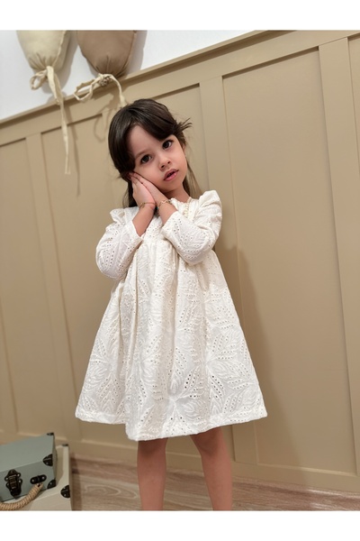 penu baby kids Ekru Çanta Aksesuarlı Fistolu Uzun Kollu Kız Çocuk Kız Bebek Elbise