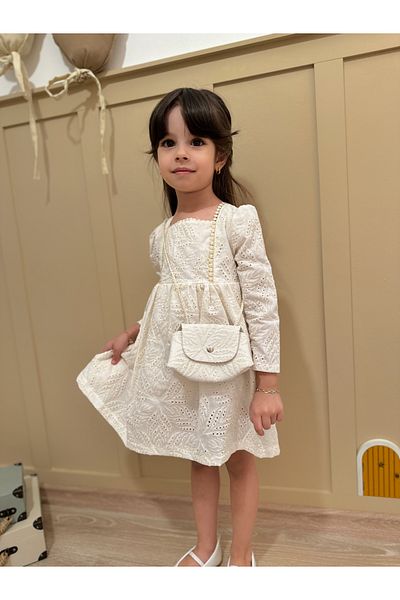 penu baby kids Long Sleeve Ecru Baby Girl Dress with Bag Accessories