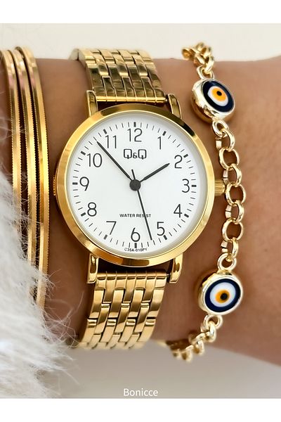 Q&Q Gold Color Steel Cord Waterproof Women's Wristwatch Bracelet - Small Case Numeral