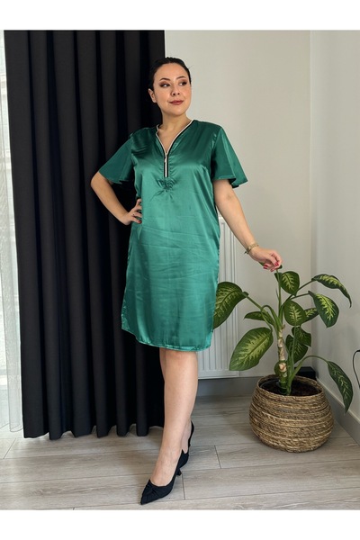 LİKRA Plus Size Satin Dress - Zip Collar and Flounced Sleeves