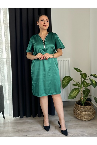 LİKRA Plus Size Satin Dress - Zip Collar and Flounced Sleeves