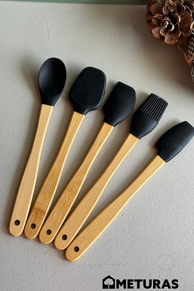 Meturas 5 Pcs Black Penny, Crinklewood Board Spoon-Spatula-Ladle Set