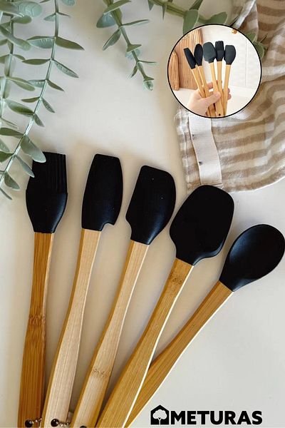 Meturas 5 Pcs Black Penny, Crinklewood Board Spoon-Spatula-Ladle Set