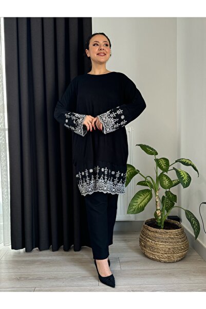 LİKRA Large Size Flexible Viscose Tunic - Scallop Detailed Sleeves