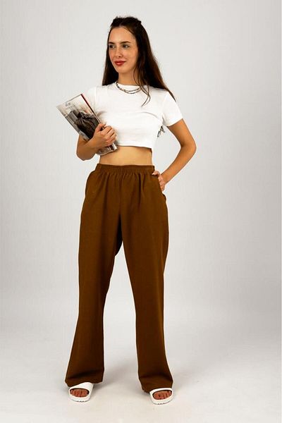 Betimoda Brown Oversize Palazzo Women's Trousers - Cotton, Linen, Pockets