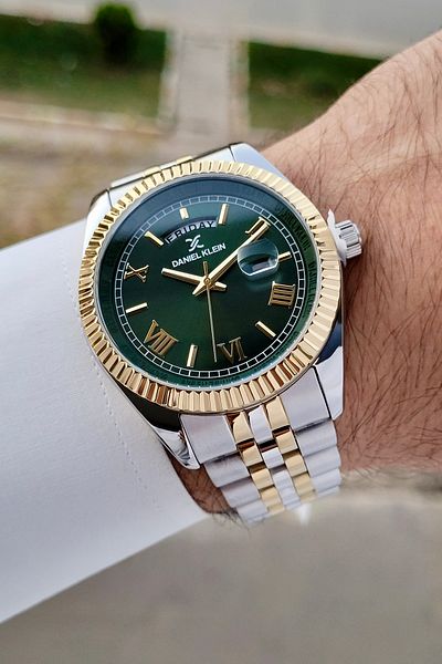 Daniel Klein Gold Silver Men's Wristwatch with Green Cord - Gift Packed