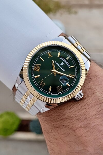 Daniel Klein Gold Silver Men's Wristwatch with Green Cord - Gift Packed