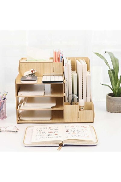 aswood Desktop Pen Holder Organizer Practical Table Top Organizer with Paperwork Rack and Napkin Holder Section 1