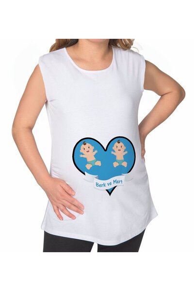 Bk Gift Kişiye Özel İsimli İkizler Tasarımlı Beyaz Sıfır Kol Hamile Tişört-2,...