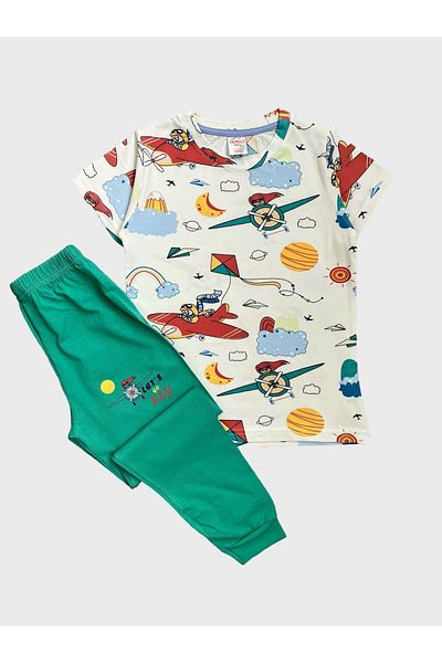 elmas kids Set de pijamale de vară cu mânecă scurtă pentru fete, 100% bumbac, cu model de avion