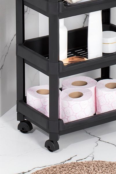 Porsima RAFTY-74-ECO-1 Organizator negru cu 4 niveluri pentru baie și bucătărie cu roți - 35,5 x 22 x 67 cm