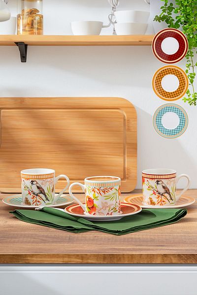 Porsima TE-209 Jilguero Cup Set - Patterned Porcelain Turkish Coffee Cup Set - 6 Person 90 cc