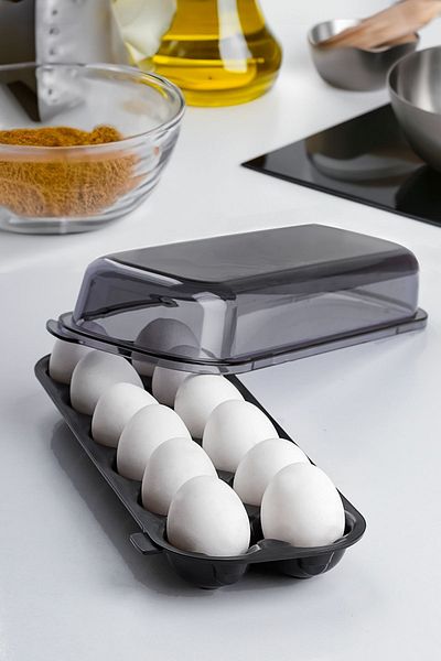 Porsima L-00628 حاوية تخزين البيض لثلاجة البيض المكونة من 12 حجرة مع غطاء - أسود أنثراسايت