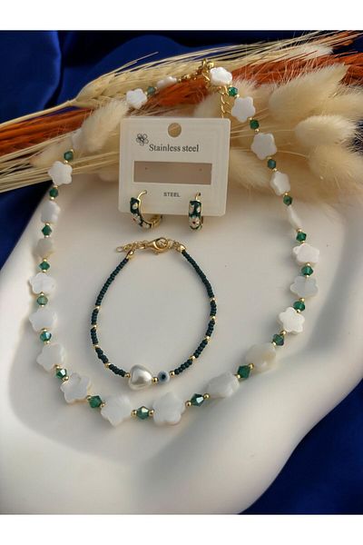crown atelier Pearl Stone Necklace with Steel Earrings and Women's Bracelet High Quality