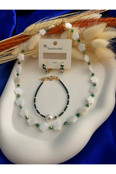 crown atelier Pearl Stone Necklace with Steel Earrings and Women's Bracelet High Quality
