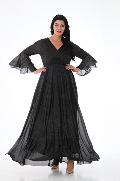 Genel Markalar KADIN SİMLİ TÜL KRUVAZE YAKA UZUN KOL UZUN ABİYE