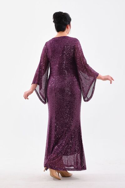 IŞILTI BÜYÜK BEDEN فستان سهرة لامع باللون الأرجواني مزين بالترتر على شكل سمكة، فستان سهرة طويل مرن