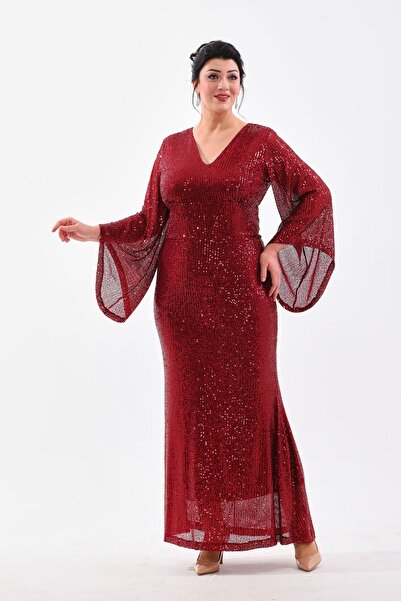 IŞILTI BÜYÜK BEDEN فستان سهرة طويل مزين بالترتر باللون العنابي على شكل سمكة - فستان مرن