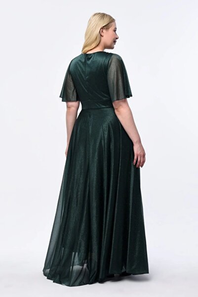 Genel Markalar Işıltı Büyük Beden Simli Tül Esnek Kruvaze Yaka Volan Kol Uzun Büyük Beden Şık Abiye Elbise 3051