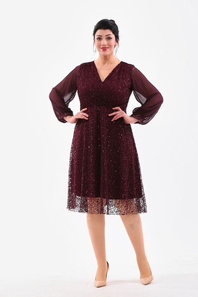 IŞILTI Rochie de seara midi cu decolteu dublu, cu detaliu de maneca din sifon cu paiete elastice - 3083