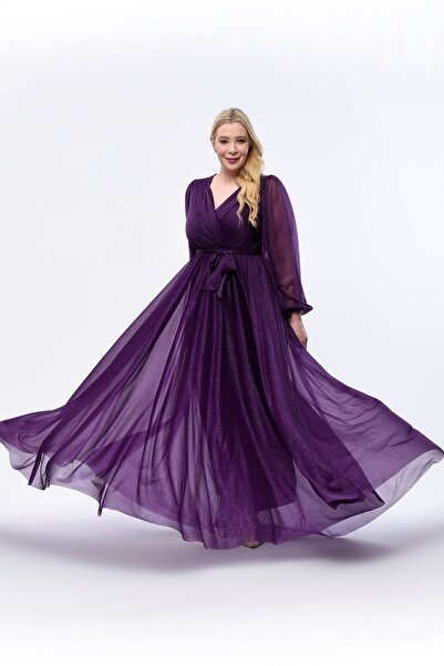 KIRIŞIK Işıltı Simli Tül Kruvaze Yaka Dökümlü Beli Kuşaklı Esnek Büyük Beden Uzun Şık Abiye Elbise 3047