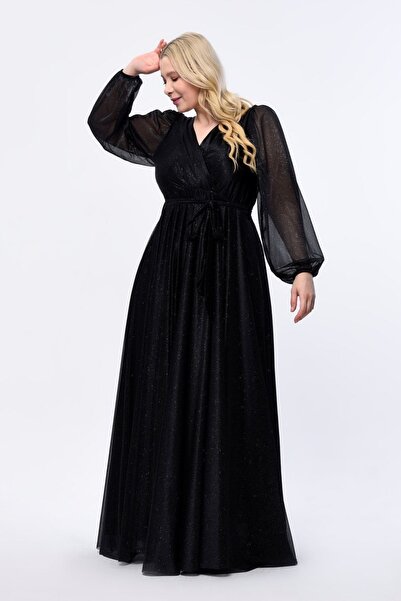 KIRIŞIK Işıltı Simli Tül Kruvaze Yaka Dökümlü Beli Kuşaklı Esnek Büyük Beden Uzun Şık Abiye Elbise 3047