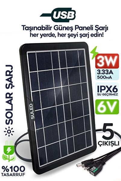 SULED 3W Güneş Enerjili Solar USB Şarj Paneli 6V 5 Uçlu USB Çıkışlı 2A Telefon Tablet Şarj Ünitesi