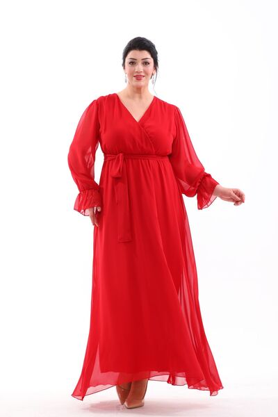 IŞILTI Evening Dress Crossbody Collar Sleeve Ends Rubbered Long Size Large Size Evening Dress 3085